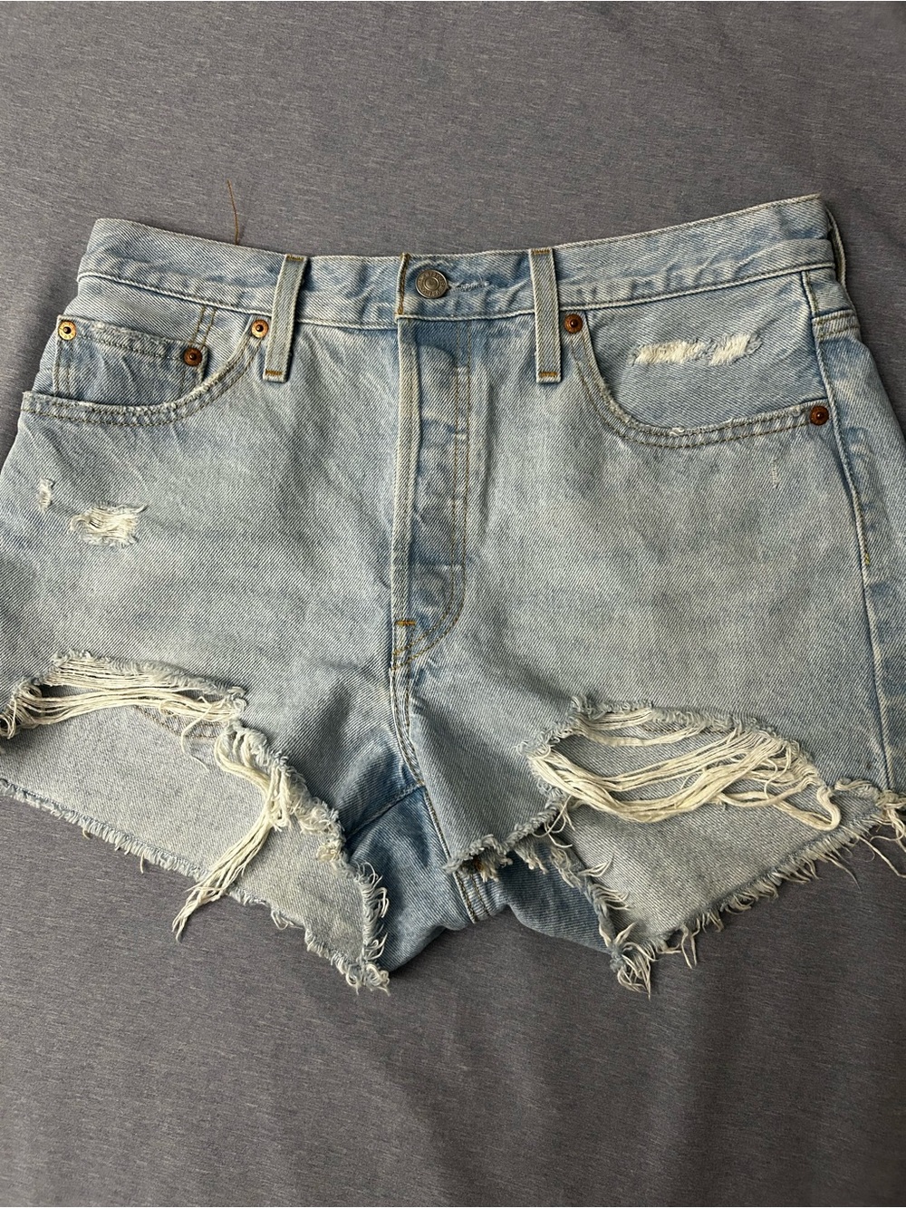 High-Waist Distressed Denim Shorts - Light Blue, 501